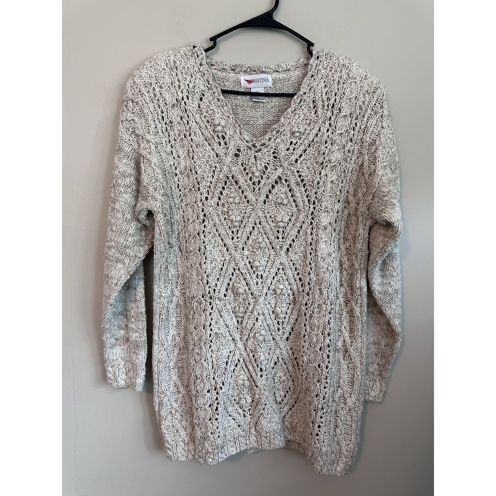 Vintage 100% Ramie/Cotton Knotted Crochet Oatmeal Sweater 3/4 Sleeve Size SMALL